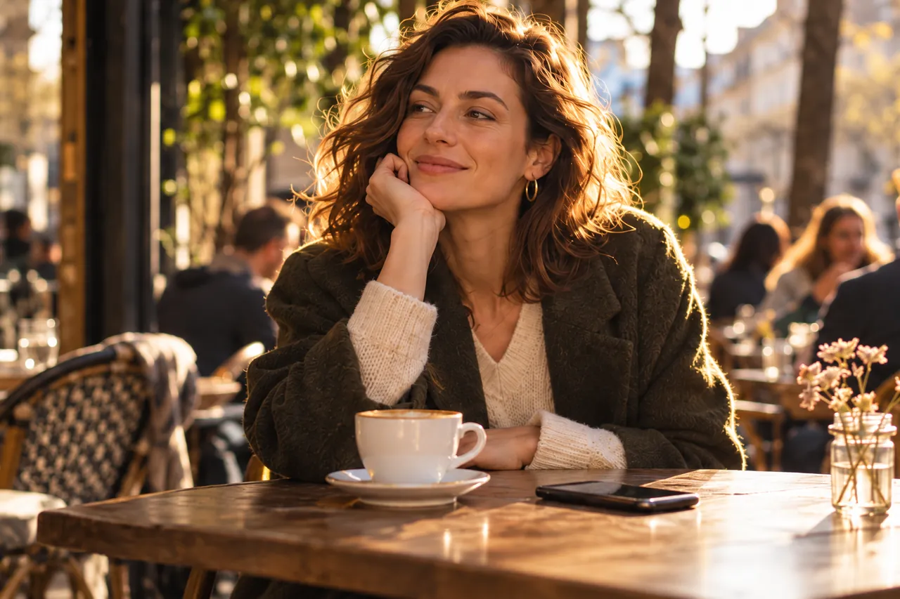 Illustrative campaign photo of an adult woman with a coffee at a sunny café.