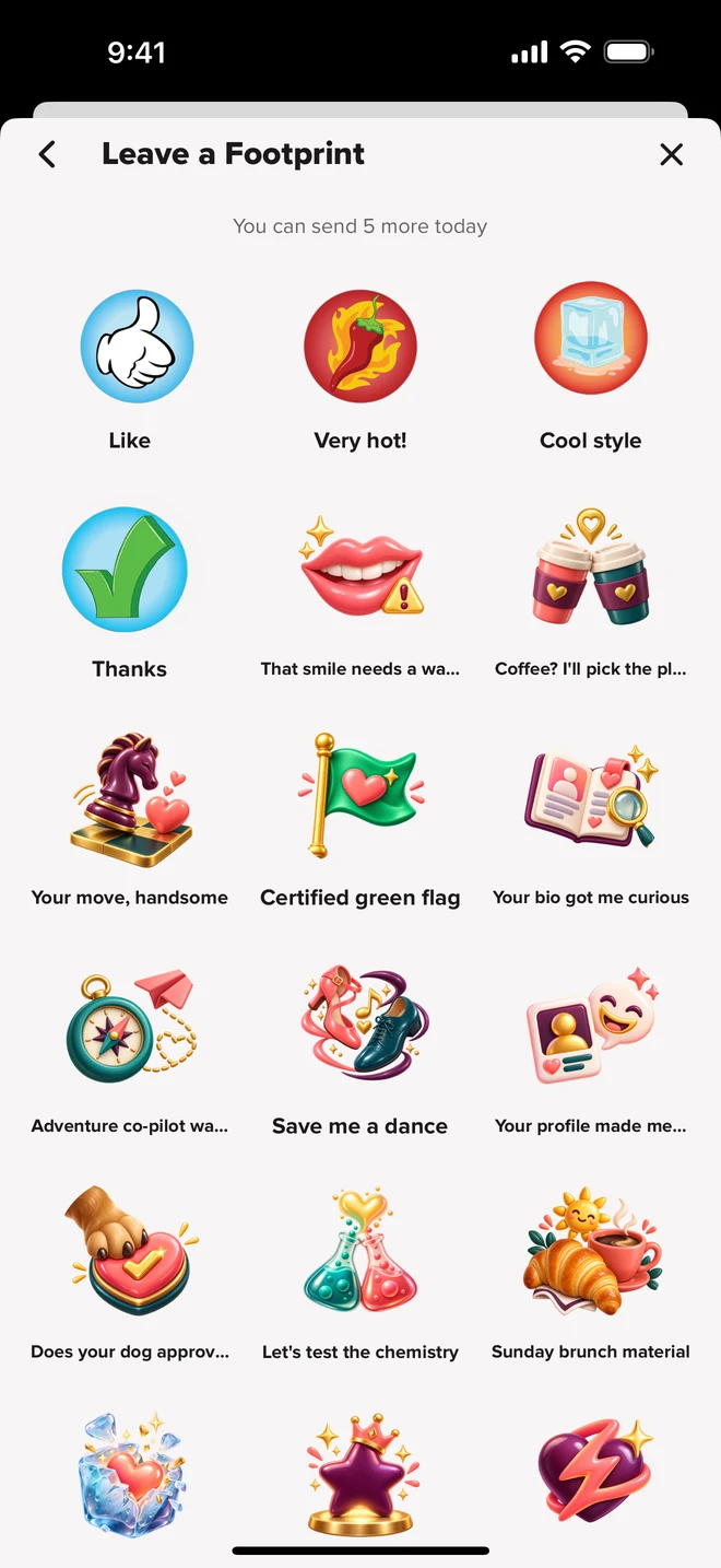 The demo account’s real Footprint picker in the Freelove iOS app.